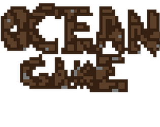 'Ocean Game' spelled in big pixel letter with a wood texture.